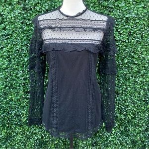Express Black Lace Long Sleeve Top Ruffle detail Polka Dot